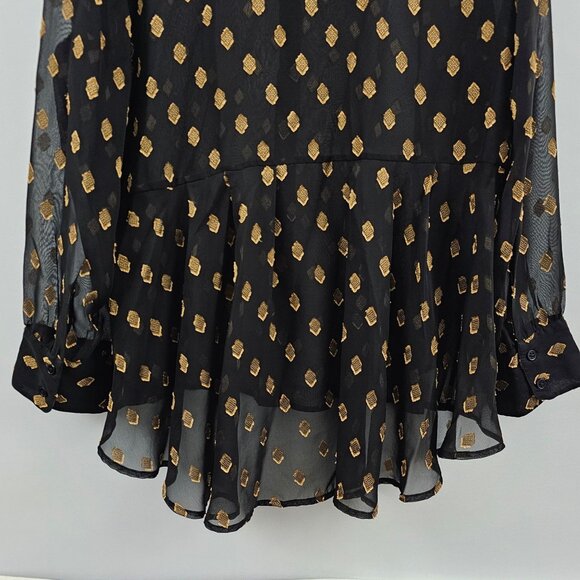 Chico's Button Up Blouse Black Gold Sheer 3/XL Lightweight Peplum Pleated Back - Picture 7 of 12